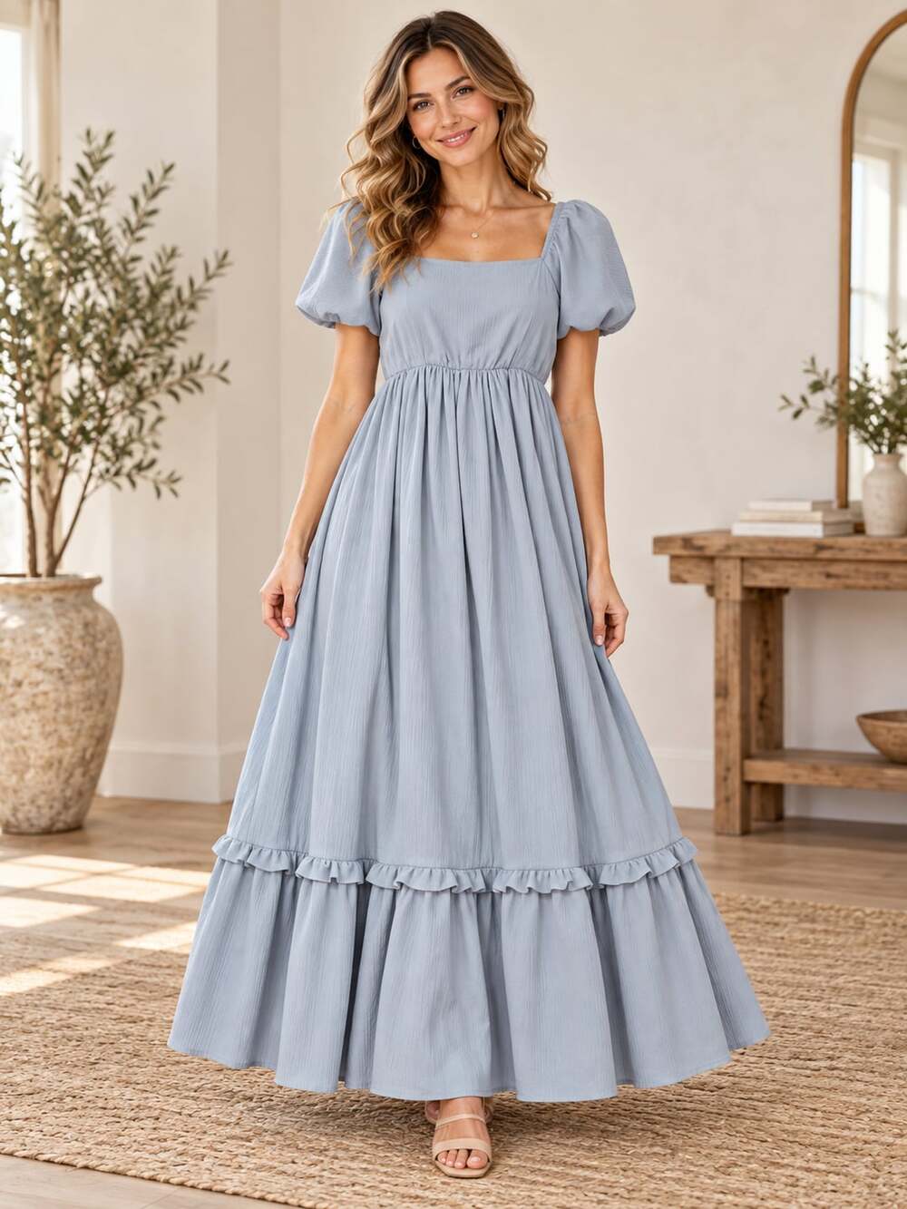 Polagram Blue Gray Maxi Dress S Square Neck Puff Sleeve Smocked Tiered  NWT